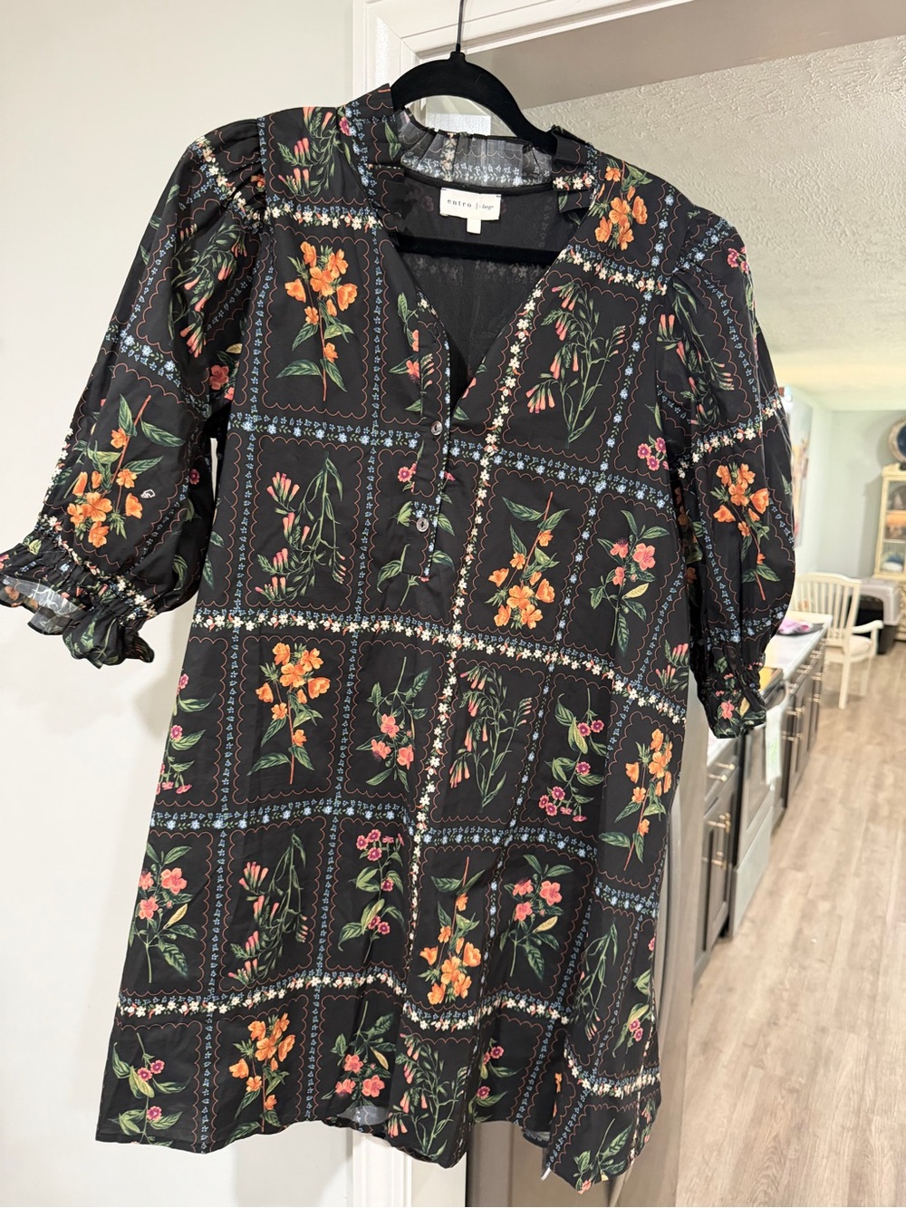 Tiered Floral V-Neck Tunic Dress - Black with Orange & Pink Floral